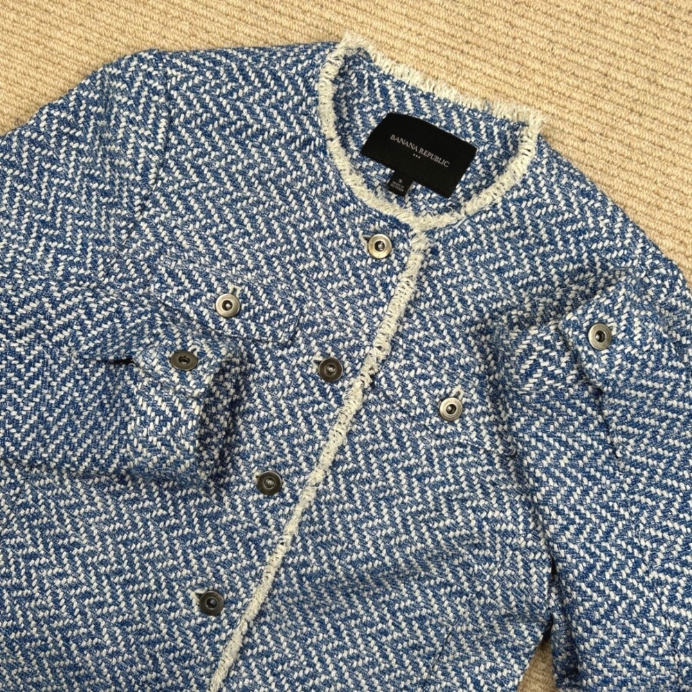 Banana Republic Tweed Jacket Womens S Blue Herringbone Preppy Classic Chic - Picture 14 of 15